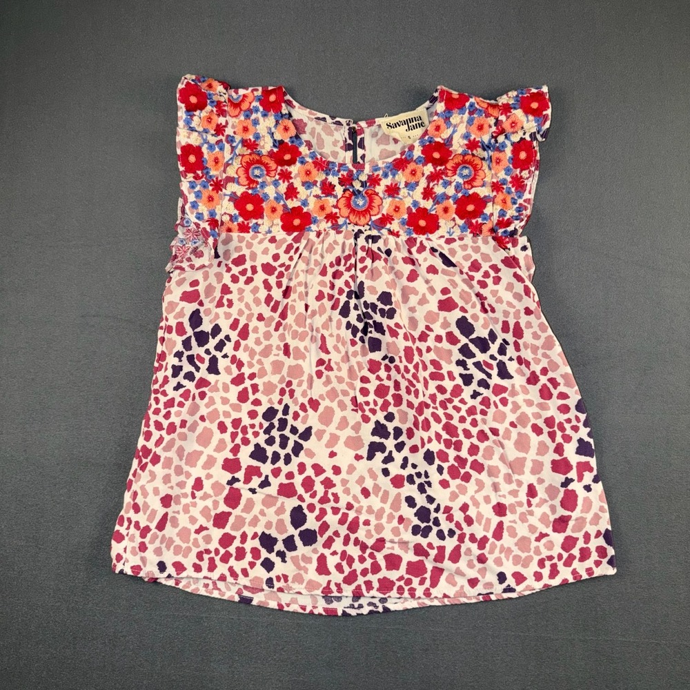 Savanna Jane Floral Embroidered Animal Print Ruffle Blouse Pink Purple Small
